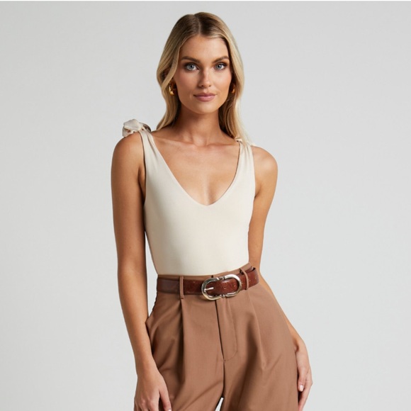 Showpo. Tops - Cream bodysuit with bow tie shoulder detail